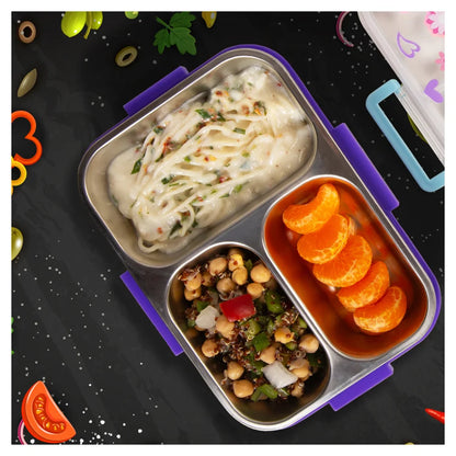 Eazy Kids 3 Compartment Stainless Steel bento Lunch Box 800ml (Floral Purple)