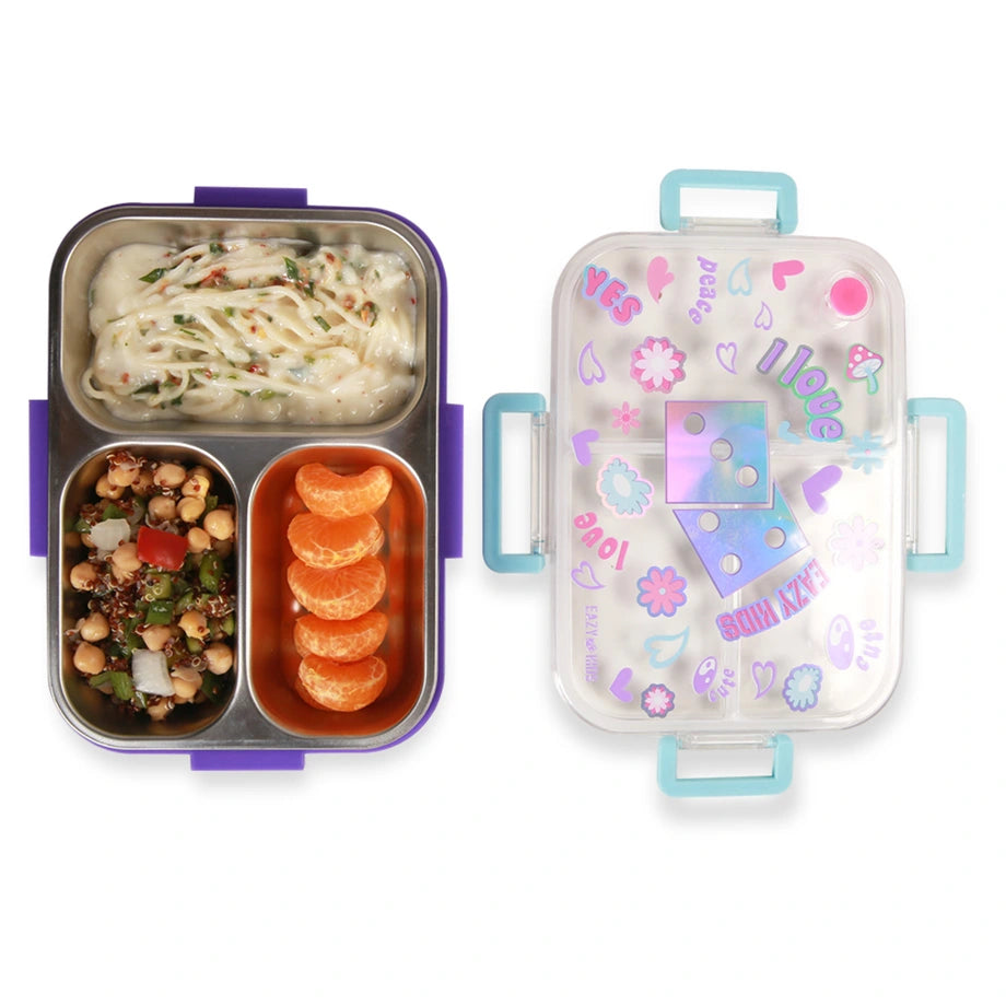 Eazy Kids 3 Compartment Stainless Steel bento Lunch Box 800ml (Floral Purple)