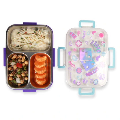 Eazy Kids 3 Compartment Stainless Steel bento Lunch Box 800ml (Floral Purple)
