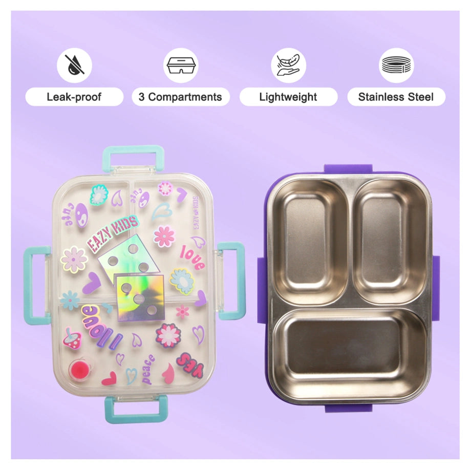 Eazy Kids 3 Compartment Stainless Steel bento Lunch Box 800ml (Floral Purple)