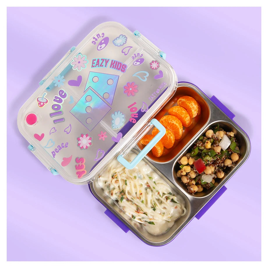 Eazy Kids 3 Compartment Stainless Steel bento Lunch Box 800ml (Floral Purple)