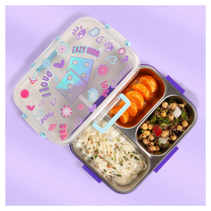 Eazy Kids 3 Compartment Stainless Steel bento Lunch Box 800ml (Floral Purple)