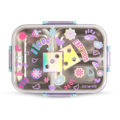 Eazy Kids 3 Compartment Stainless Steel bento Lunch Box 800ml (Floral Purple)