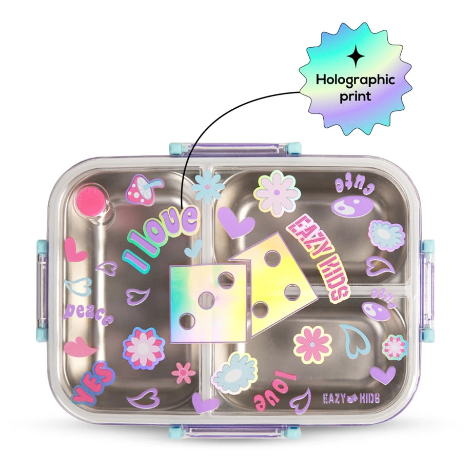 Eazy Kids 3 Compartment Stainless Steel bento Lunch Box 800ml (Floral Purple)