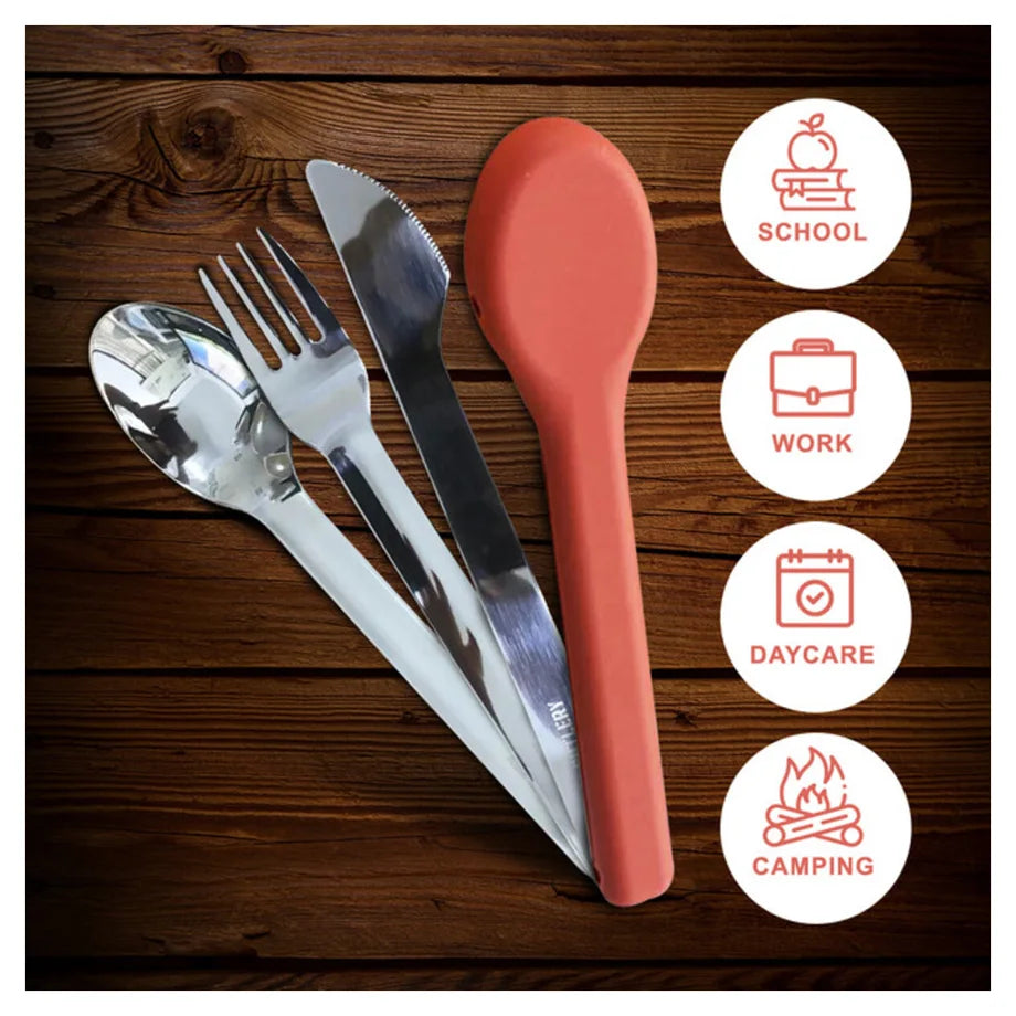 Eazy Kids Cutlery Set Stainless Steel Spoon, Fork & Knife with Silicone Case (Pink)