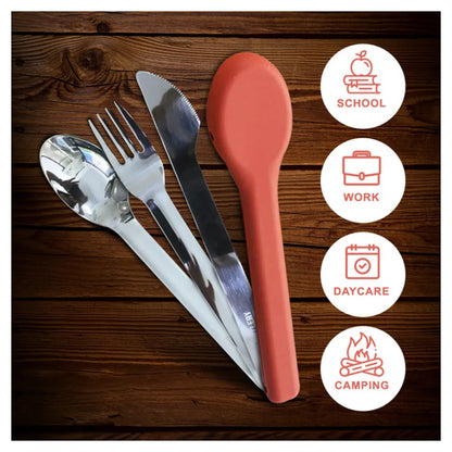 Eazy Kids Cutlery Set Stainless Steel Spoon, Fork & Knife with Silicone Case (Pink)