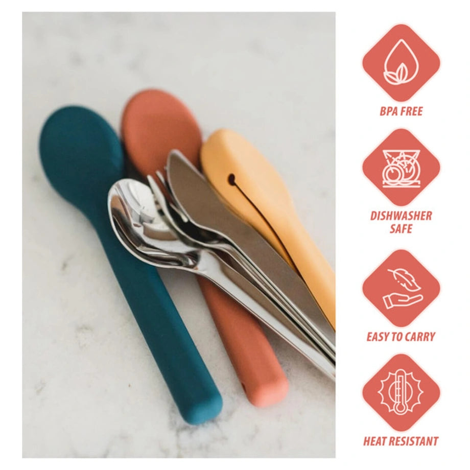 Eazy Kids Cutlery Set Stainless Steel Spoon, Fork & Knife with Silicone Case (Pink)