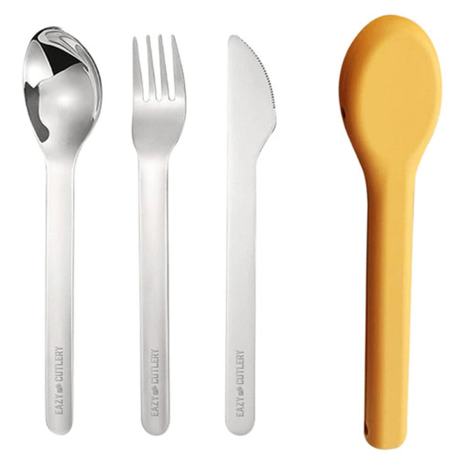 Eazy Kids Cutlery Set Stainless Steel Spoon, Fork & Knife with Silicone Case (Yellow)