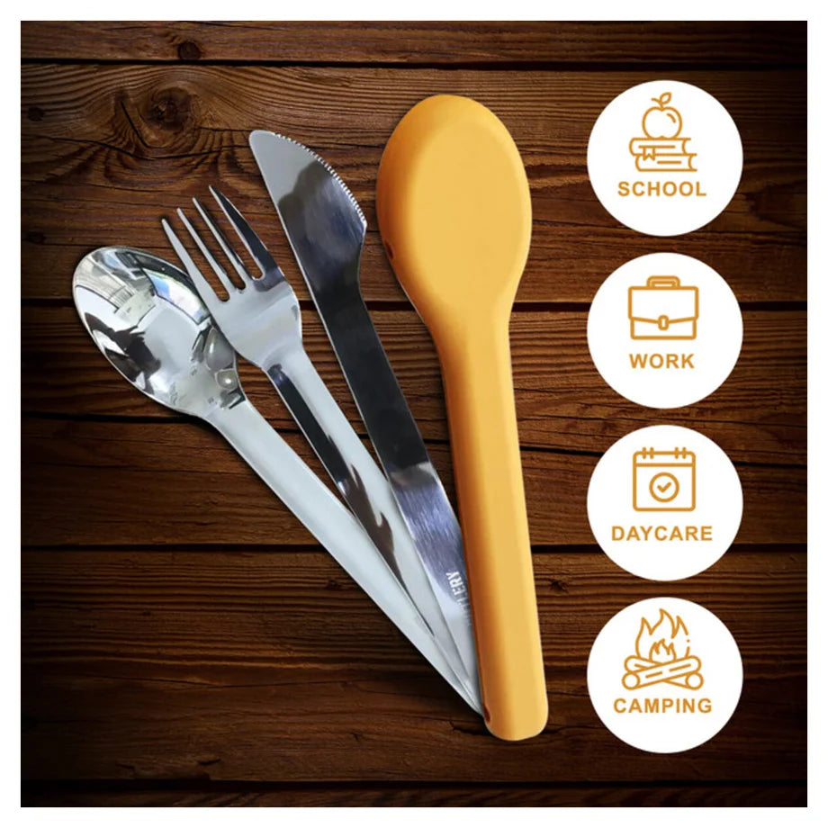 Eazy Kids Cutlery Set Stainless Steel Spoon, Fork & Knife with Silicone Case (Yellow)