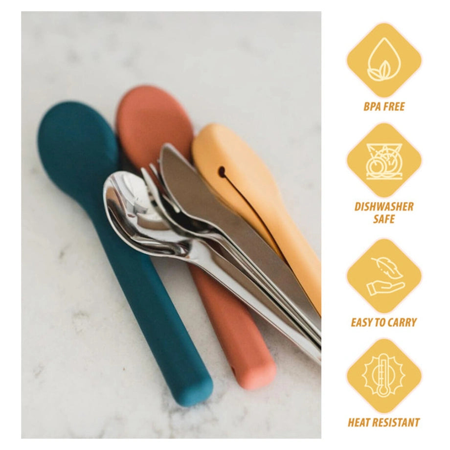 Eazy Kids Cutlery Set Stainless Steel Spoon, Fork & Knife with Silicone Case (Yellow)