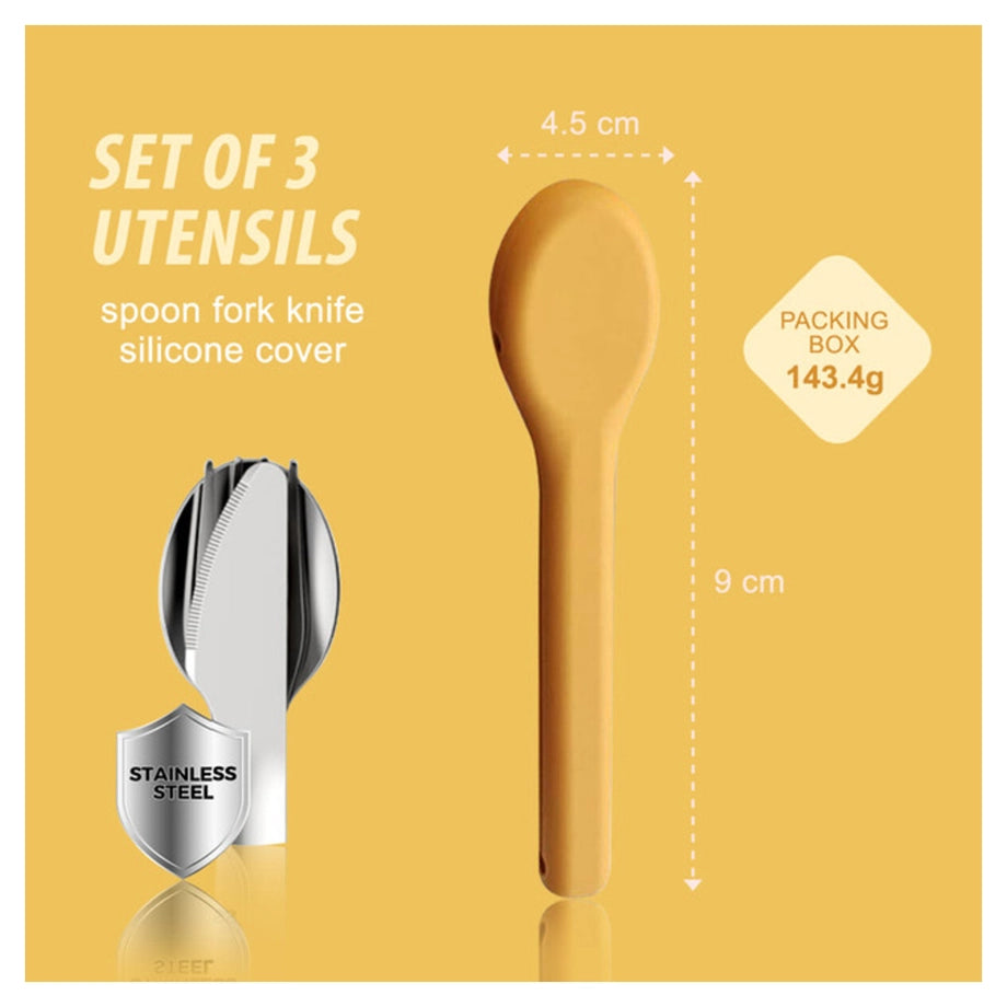 Eazy Kids Cutlery Set Stainless Steel Spoon, Fork & Knife with Silicone Case (Yellow)
