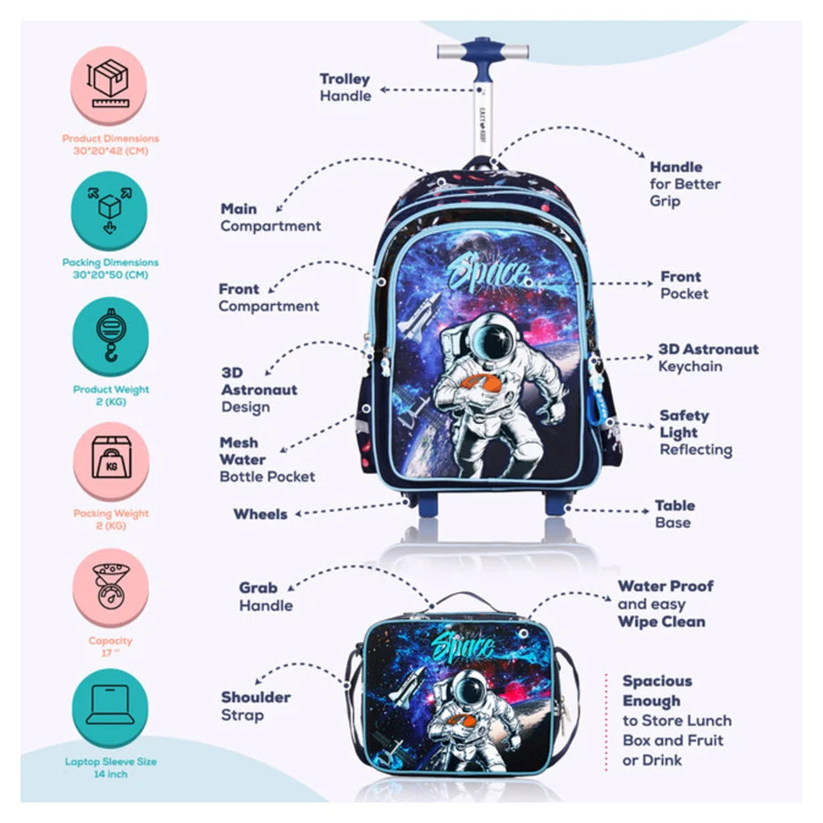 Eazy Kids Back to School 18" Set of 4 School Bag Lunch Bag Activity Bag & Pencil Case Astronaut (Blue)