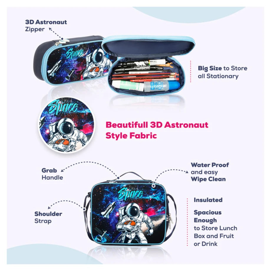 Eazy Kids Back to School 18" Set of 4 School Bag Lunch Bag Activity Bag & Pencil Case Astronaut (Blue)