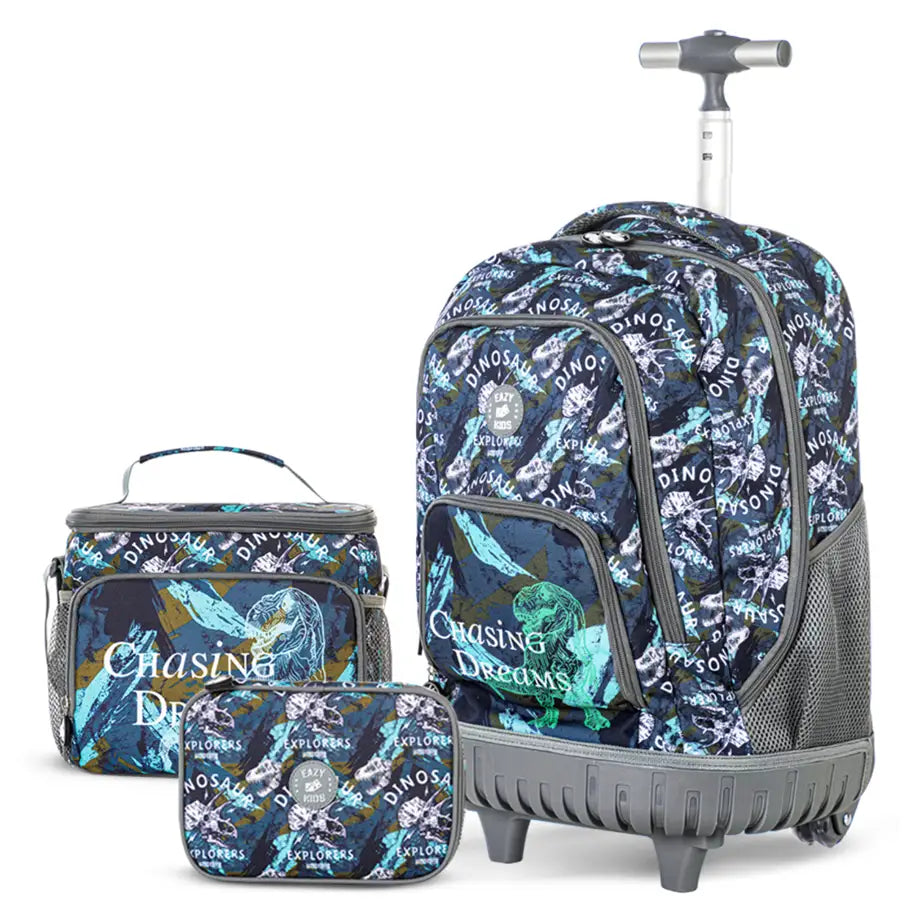 Eazy Kids 18" Set of 3 Trolley Backpack w/Lunch Bag and Pencil Case (T Rex)