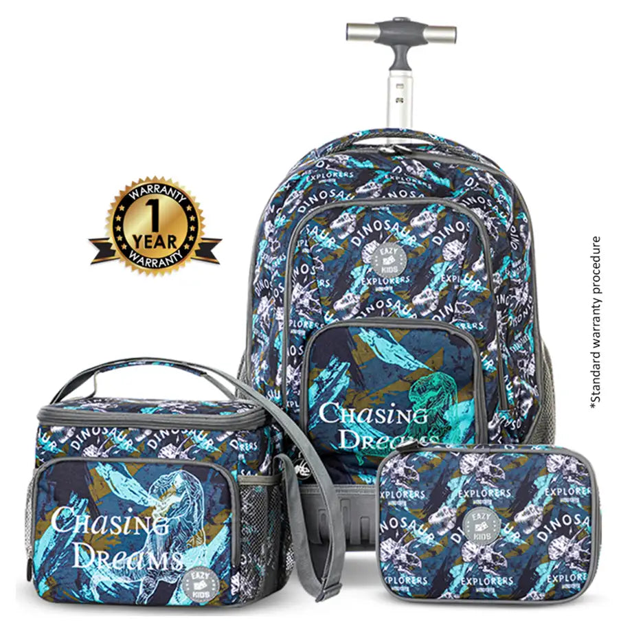 Eazy Kids 18" Set of 3 Trolley Backpack w/Lunch Bag and Pencil Case (T Rex)