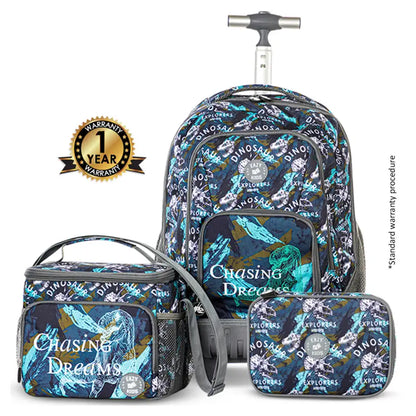 Eazy Kids 18" Set of 3 Trolley Backpack w/Lunch Bag and Pencil Case (T Rex)
