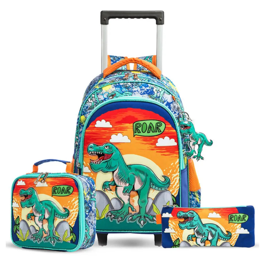 Eazy Kids 17" Set of 3 Trolley School Bag Lunch Bag & Pencil Case Dinosaur (Orange)