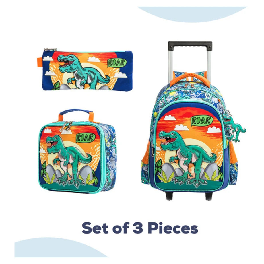 Eazy Kids 17" Set of 3 Trolley School Bag Lunch Bag & Pencil Case Dinosaur (Orange)