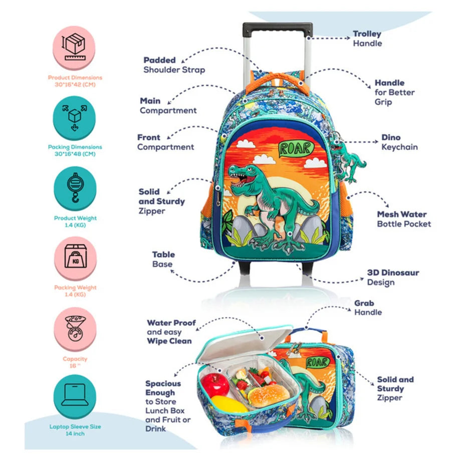 Eazy Kids 17" Set of 3 Trolley School Bag Lunch Bag & Pencil Case Dinosaur (Orange)