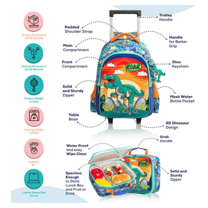 Eazy Kids 17" Set of 3 Trolley School Bag Lunch Bag & Pencil Case Dinosaur (Orange)