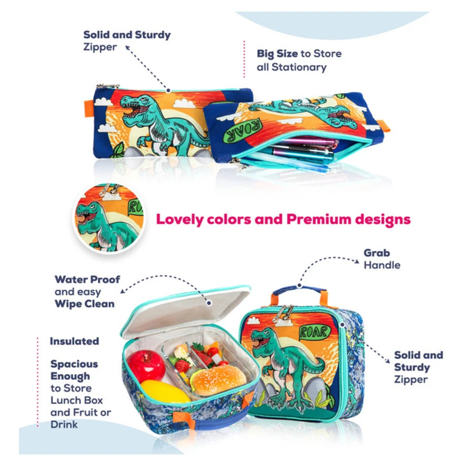 Eazy Kids 17" Set of 3 Trolley School Bag Lunch Bag & Pencil Case Dinosaur (Orange)