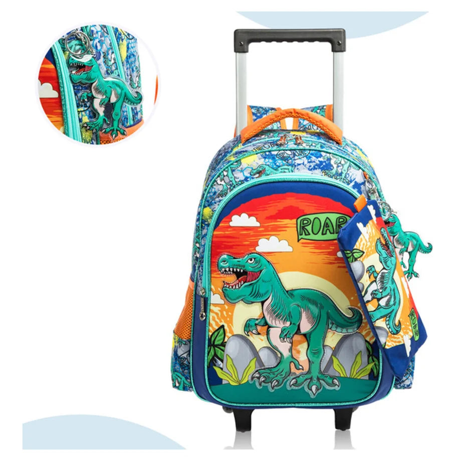Eazy Kids 17" Set of 3 Trolley School Bag Lunch Bag & Pencil Case Dinosaur (Orange)