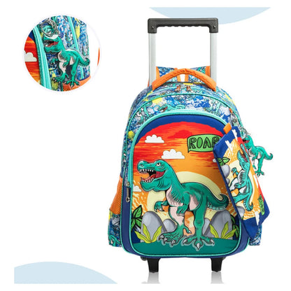 Eazy Kids 17" Set of 3 Trolley School Bag Lunch Bag & Pencil Case Dinosaur (Orange)