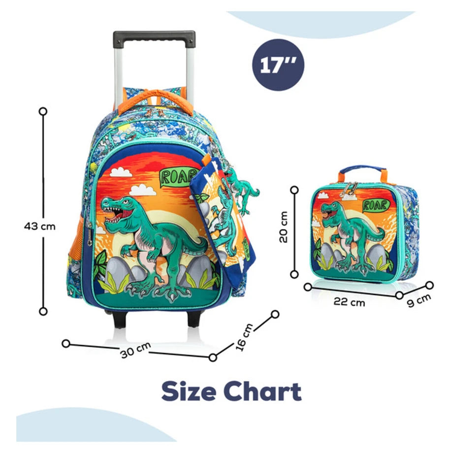Eazy Kids 17" Set of 3 Trolley School Bag Lunch Bag & Pencil Case Dinosaur (Orange)