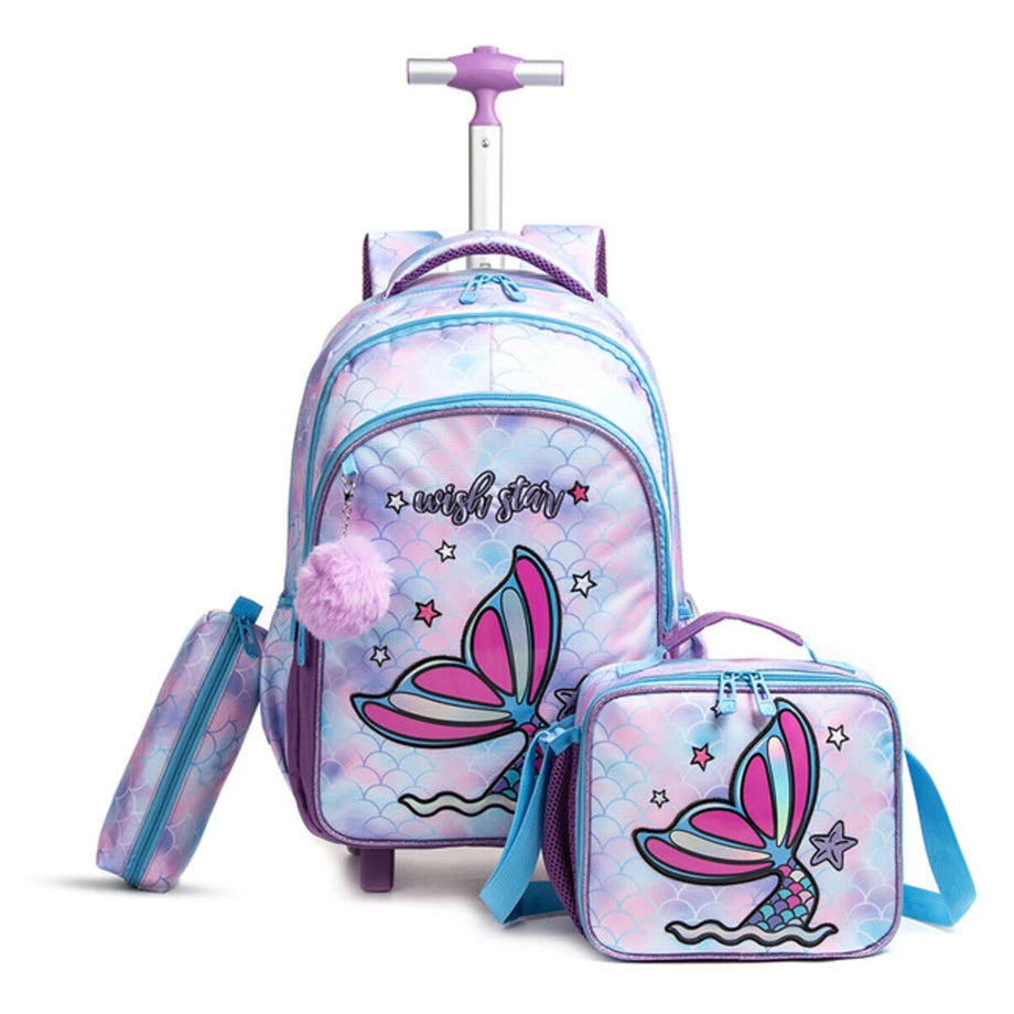 Eazy Kids 18Inch Set of 3 Trolley School Bag with Lunch Bag and Pencil Case Mermaid (Purple)