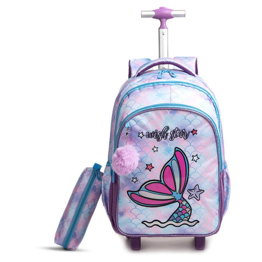 Eazy Kids 18Inch Set of 3 Trolley School Bag with Lunch Bag and Pencil Case Mermaid (Purple)
