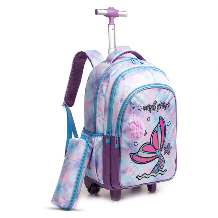 Eazy Kids 18Inch Set of 3 Trolley School Bag with Lunch Bag and Pencil Case Mermaid (Purple)
