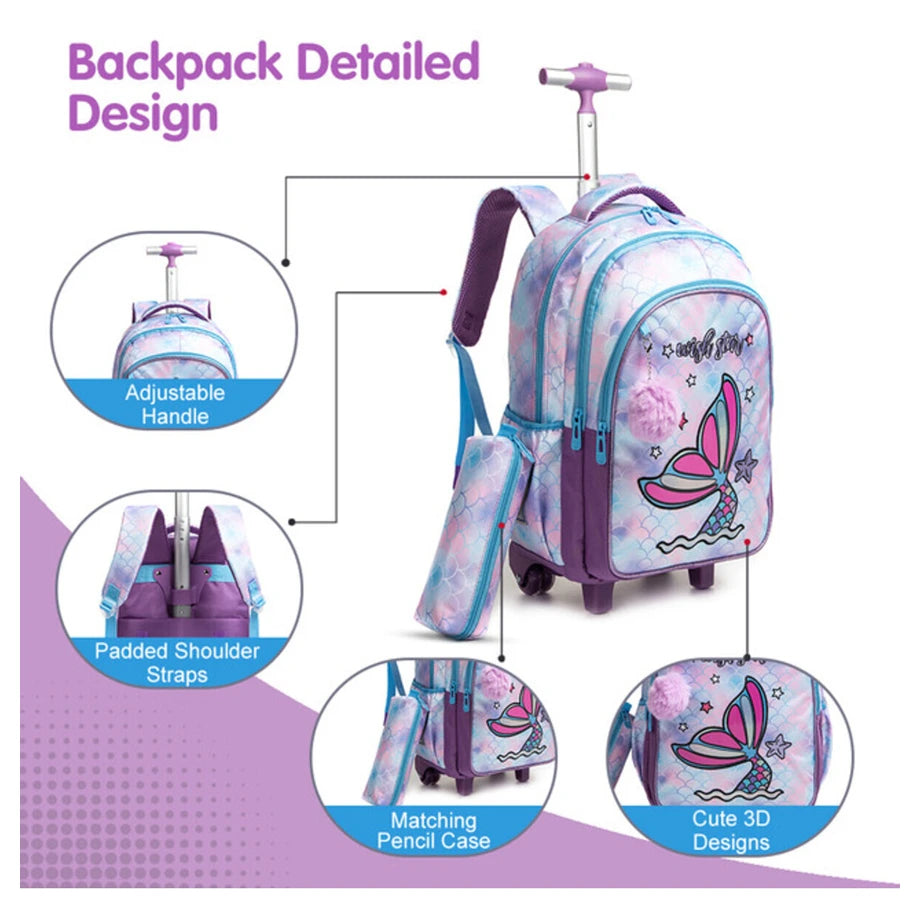 Eazy Kids 18Inch Set of 3 Trolley School Bag with Lunch Bag and Pencil Case Mermaid (Purple)