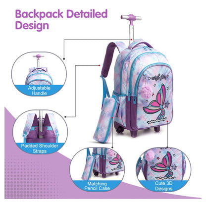 Eazy Kids 18Inch Set of 3 Trolley School Bag with Lunch Bag and Pencil Case Mermaid (Purple)