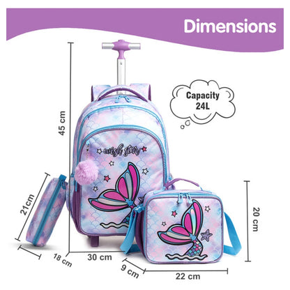 Eazy Kids 18Inch Set of 3 Trolley School Bag with Lunch Bag and Pencil Case Mermaid (Purple)