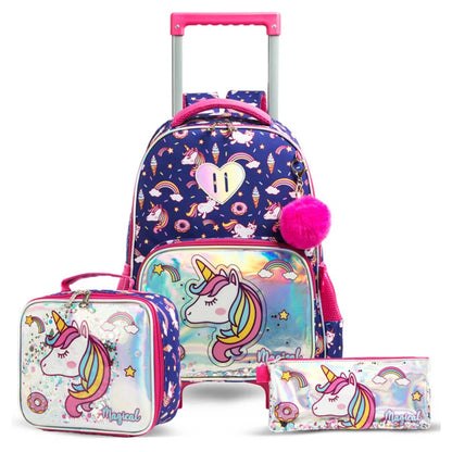 Eazy Kids 16" Set of 3 Trolley School Bag Lunch Bag & Pencil Case Unicorn Chrome (Blue)