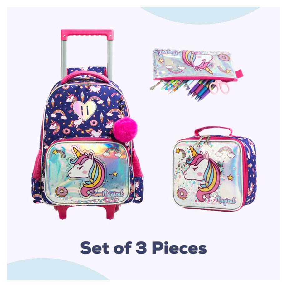 Eazy Kids 16" Set of 3 Trolley School Bag Lunch Bag & Pencil Case Unicorn Chrome (Blue)