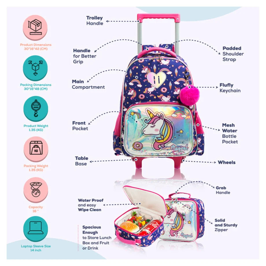Eazy Kids 16" Set of 3 Trolley School Bag Lunch Bag & Pencil Case Unicorn Chrome (Blue)