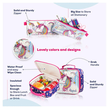 Eazy Kids 16" Set of 3 Trolley School Bag Lunch Bag & Pencil Case Unicorn Chrome (Blue)
