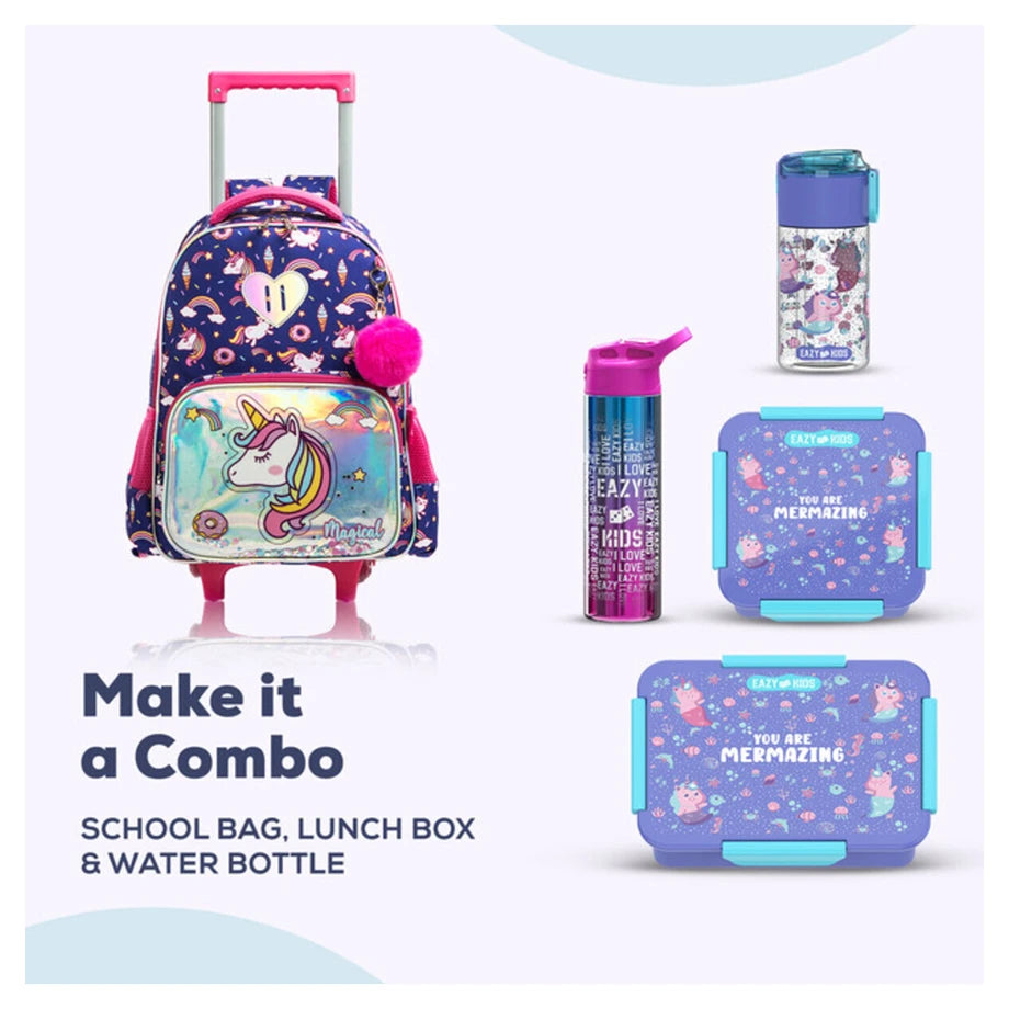 Eazy Kids 16" Set of 3 Trolley School Bag Lunch Bag & Pencil Case Unicorn Chrome (Blue)