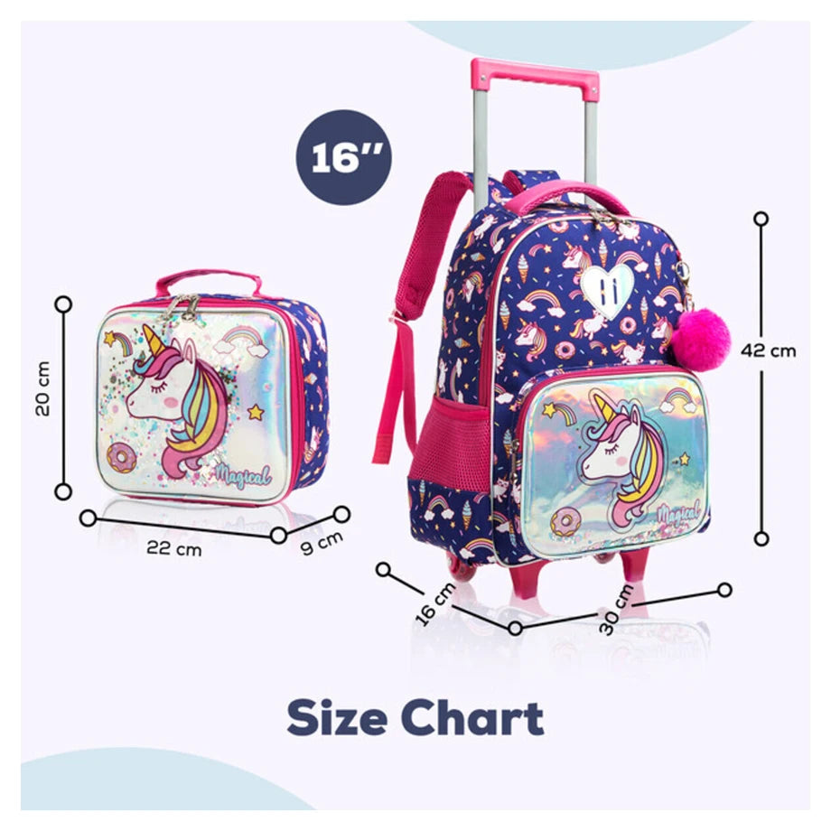 Eazy Kids 16" Set of 3 Trolley School Bag Lunch Bag & Pencil Case Unicorn Chrome (Blue)