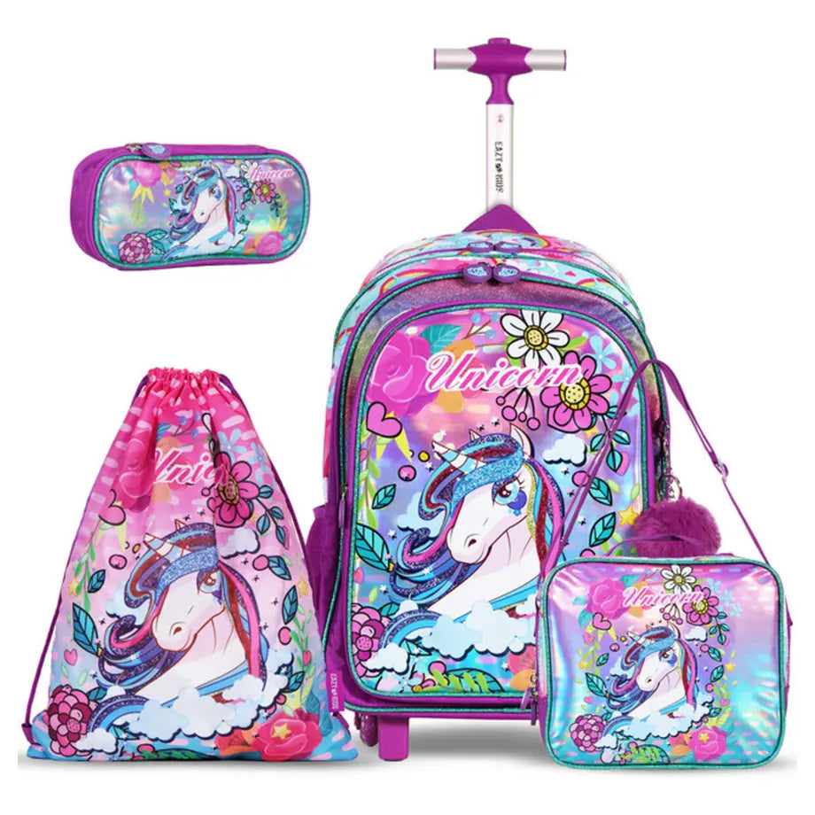 Eazy Kids Back to School 18" Set of 4 School Bag Lunch Bag Activity Bag & Pencil Case Unicorn (Pink)