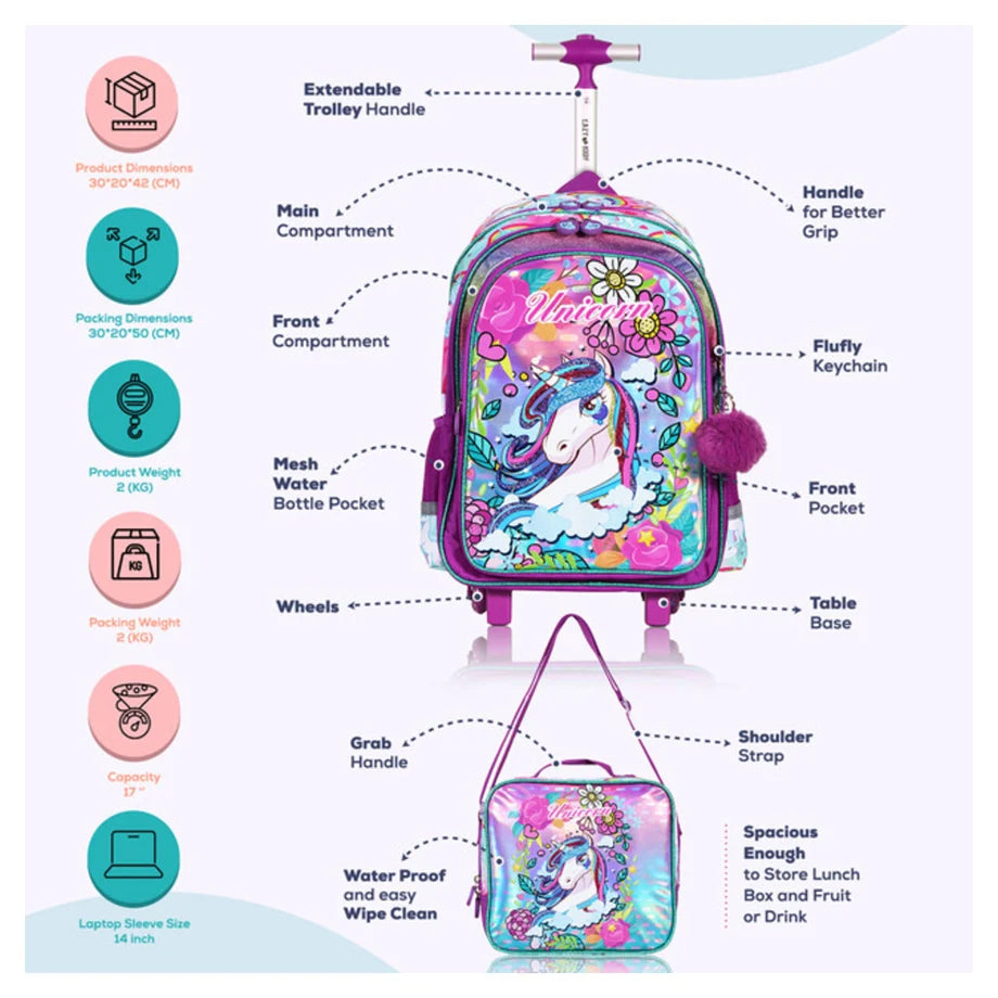 Eazy Kids Back to School 18" Set of 4 School Bag Lunch Bag Activity Bag & Pencil Case Unicorn (Pink)