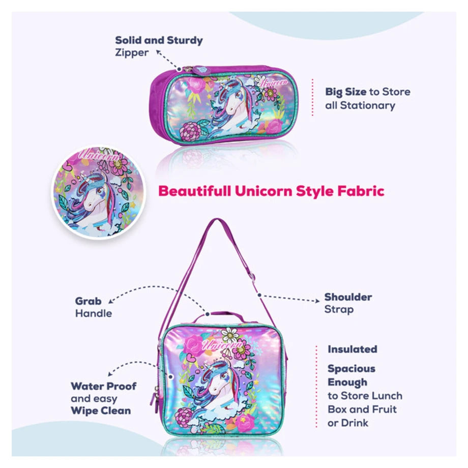 Eazy Kids Back to School 18" Set of 4 School Bag Lunch Bag Activity Bag & Pencil Case Unicorn (Pink)