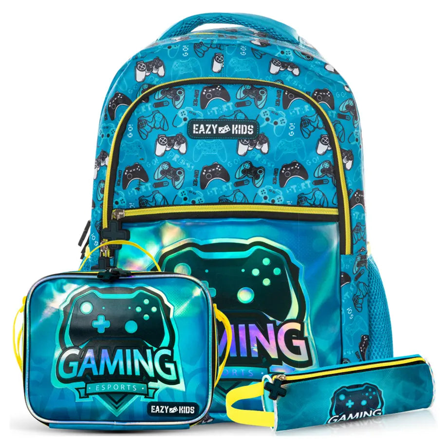 Eazy Kids 16" Set of 3 Backpack w/Lunch Bag and Pencil Case (Gaming)