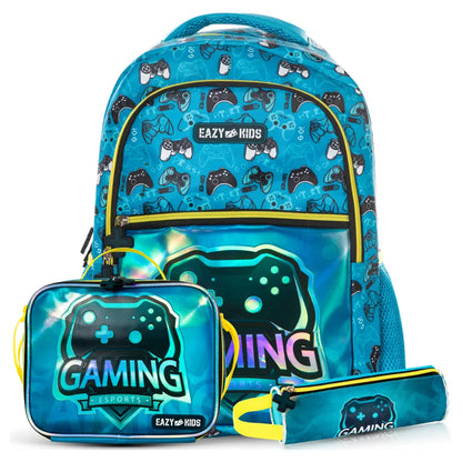 Eazy Kids 16" Set of 3 Backpack w/Lunch Bag and Pencil Case (Gaming)