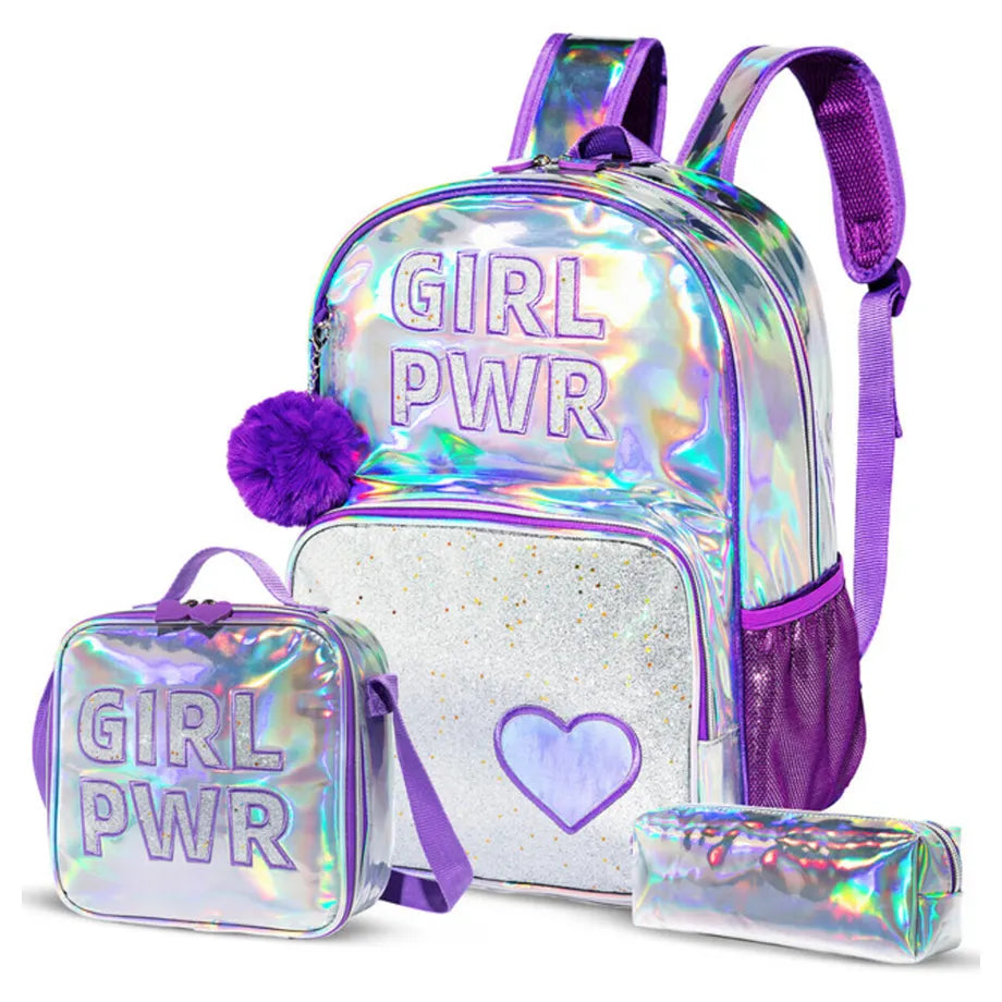 Eazy Kids 18" School Bag Lunch Bag Pencil Case Set of 3 Girl Power (Purple)