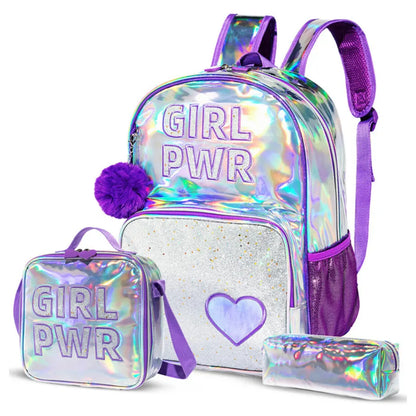 Eazy Kids 18" School Bag Lunch Bag Pencil Case Set of 3 Girl Power (Purple)