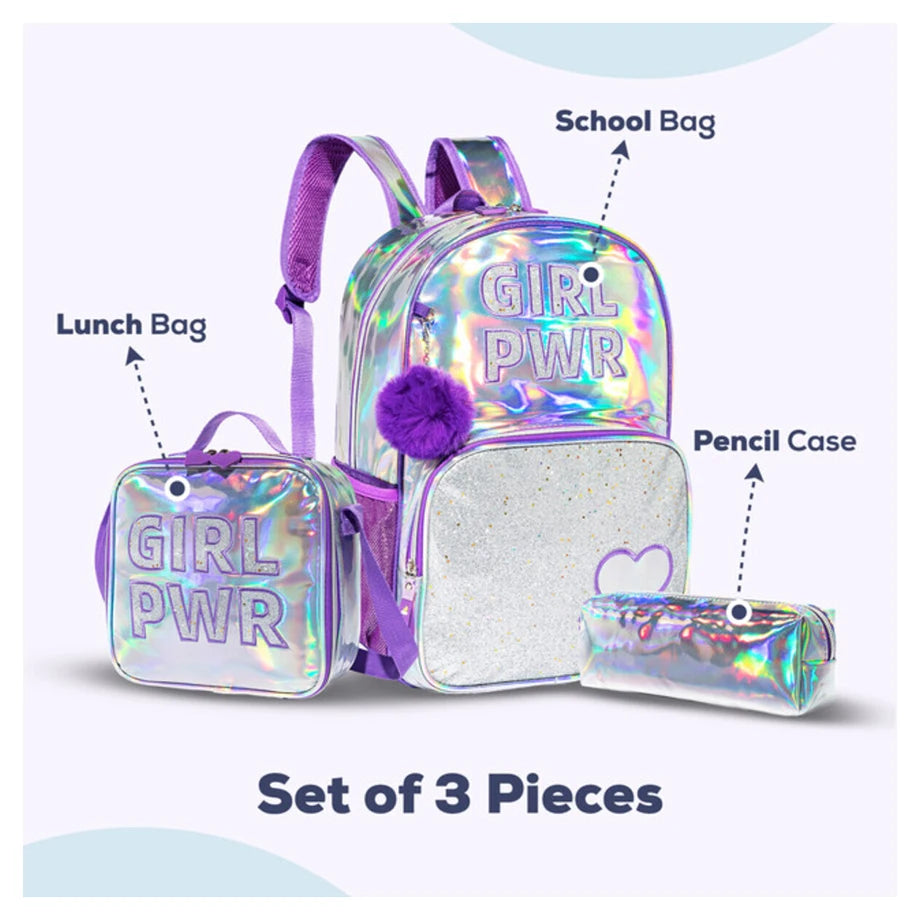 Eazy Kids 18" School Bag Lunch Bag Pencil Case Set of 3 Girl Power (Purple)
