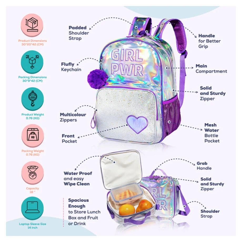 Eazy Kids 18" School Bag Lunch Bag Pencil Case Set of 3 Girl Power (Purple)