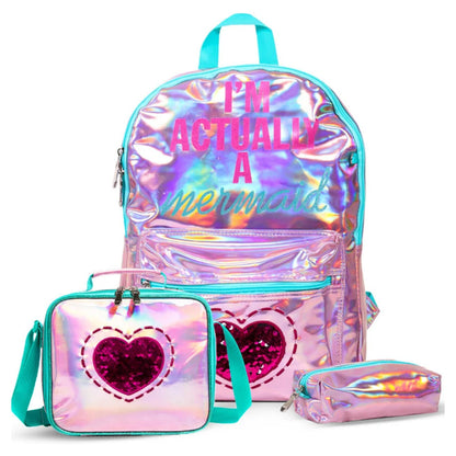 Eazy Kids 17" School Bag Lunch Bag Pencil Case Set of 3 Mermaid Love (Pink)